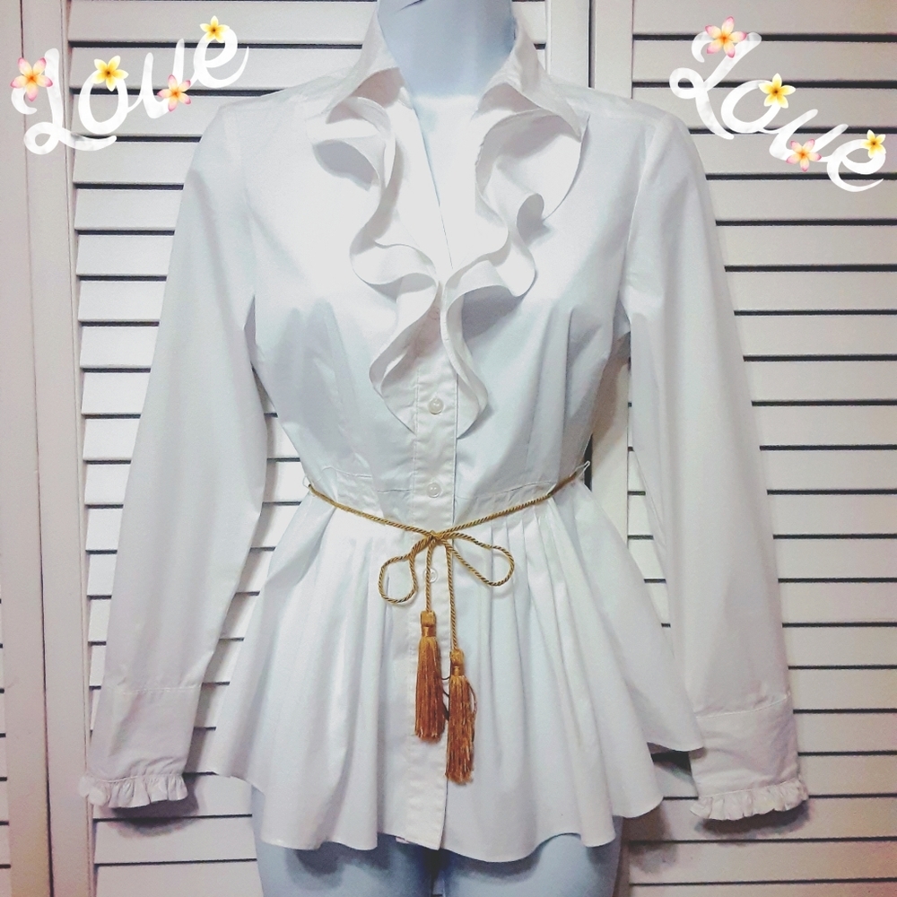 Pristine white Alfani blouse & gold tassel belt